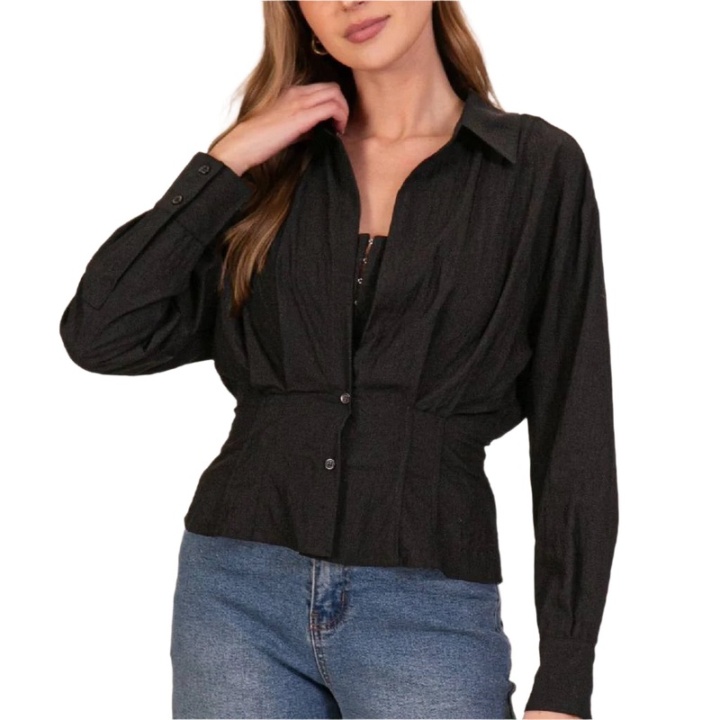 Fitted Button Up Crop Top – Black