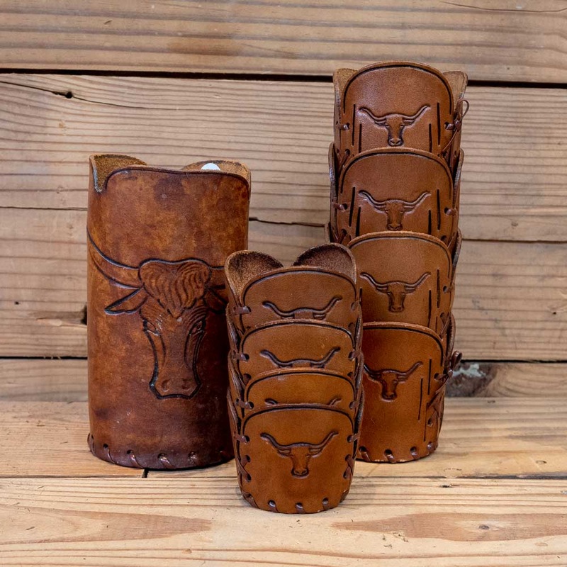 Leather Glass Cover Set with Carved Longhorn Steer