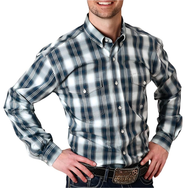 Roper Men’s Button Down Plaid Western Shirt – Blue