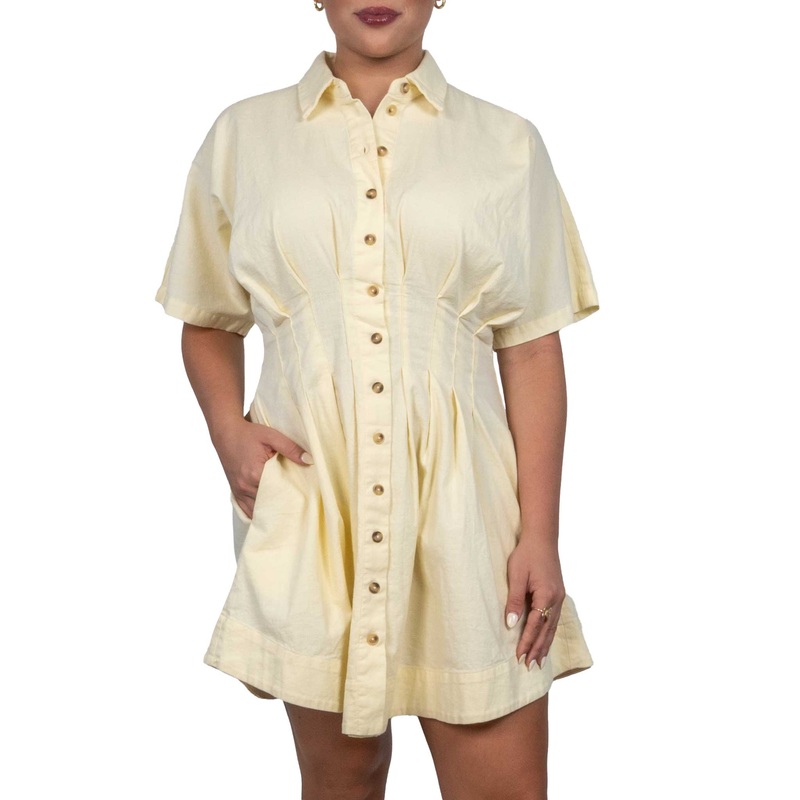 Button Front Pleated Shirt Dress
