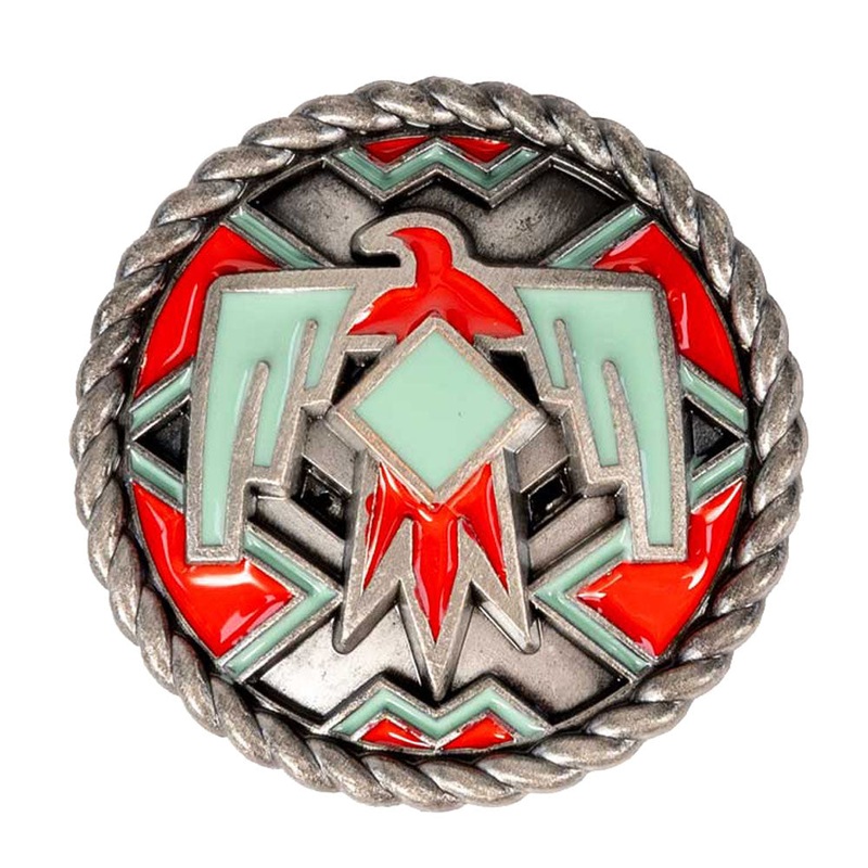 Aqua/Red Thuderbird Concho|Chicago Screw|Wood Screw