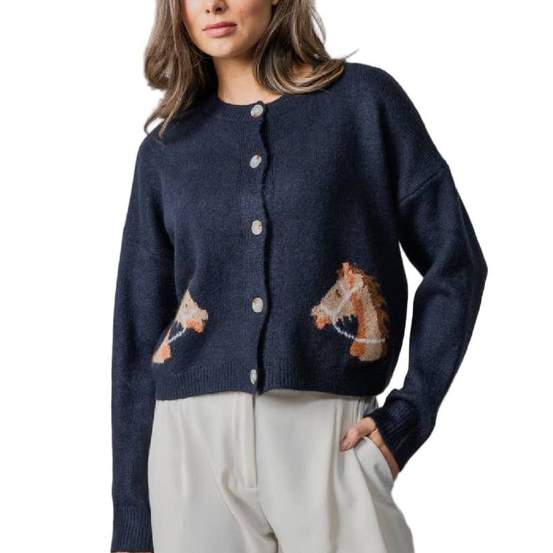 Western Horse Cropped Cardigan – Navy