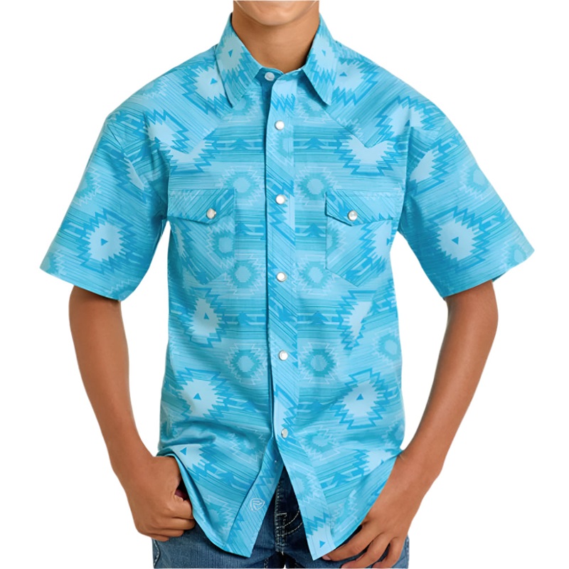 Rock & Roll Boy’s Pearl Snap Aztec Print Shirt Turquoise Print