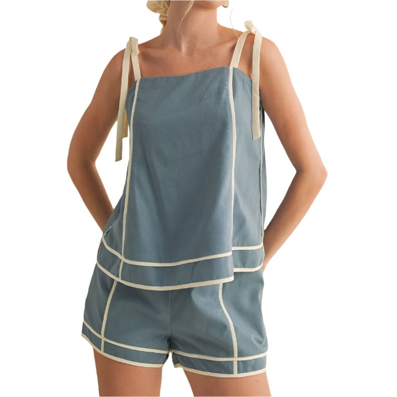 * Contrast Piping Tie Shoulder Shorts Set – Dusty Blue – FINAL SALE